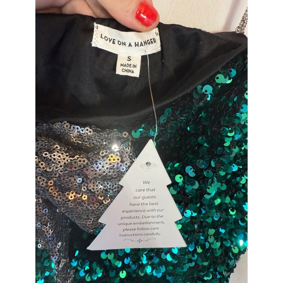 Love On A Hanger Sequin NWT Bow Crop Top Emerald Green Silver Sparkle Y2K Glam - Picture 4 of 7